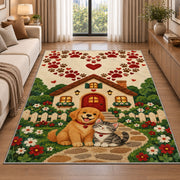 Dog and Cat Cottage Paw Heart rug in a bright living room with a sofa