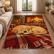 Lab Puppy by the Fireplace rug in a bright living room with a sofa