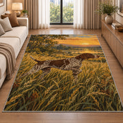 Pointer in Tall Grass at Sunrise rug in a bright living room with a sofa