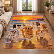 Dogs Running on the Beach rug in a bright living room with a sofa