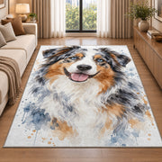 Watercolor Australian Shepherd rug in a bright living room with a sofa