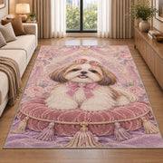 Shih Tzu on Velvet Pillow rug in a bright living room with a sofa