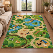Dog Park Map rug in a bright living room with a sofa