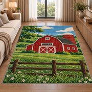 Classic Red Barn rug in a bright living room with a sofa