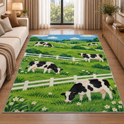 Dairy Cows by White Fence rug in a bright living room with a sofa