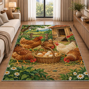 Hens and Fresh Eggs rug in a bright living room with a sofa