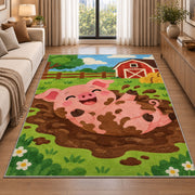 Happy Pig in Mud rug in a bright living room with a sofa