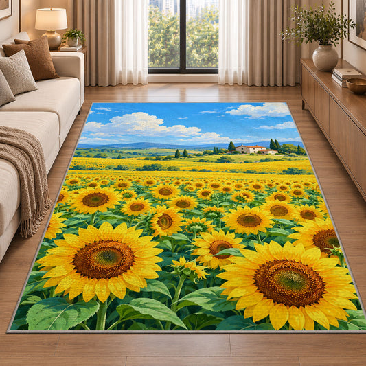 Sunflower Field Farmhouse rug in a bright living room with a sofa