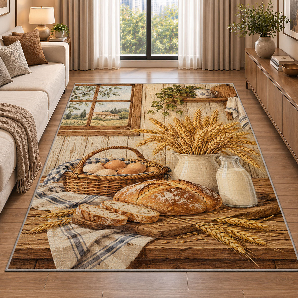 Farmhouse Kitchen Table rug in a bright living room with a sofa