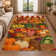 Farmers Market Stand rug in a bright living room with a sofa