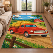 Red Pickup with Hay Bales rug in a bright living room with a sofa