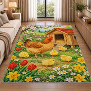 Spring Chicken Coop rug in a bright living room with a sofa