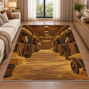 Horse Stable Barn Interior rug in a bright living room with a sofa