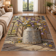 Milk Can with Wildflowers rug in a bright living room with a sofa