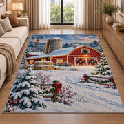 Snowy Farm at Christmas rug in a bright living room with a sofa