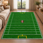 Football Field rug in a bright living room with a sofa