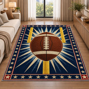 Starburst Football rug in a bright living room with a sofa
