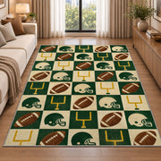 Checkered Football rug in a bright living room with a sofa