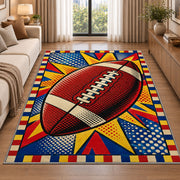 Pop Art Football rug in a bright living room with a sofa