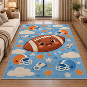 Cute Cartoon Football rug in a bright living room with a sofa