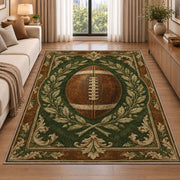 Vintage Leather Football rug in a bright living room with a sofa