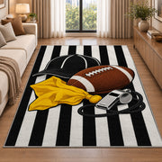 Football Referee rug in a bright living room with a sofa