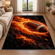 Flaming Football rug in a bright living room with a sofa