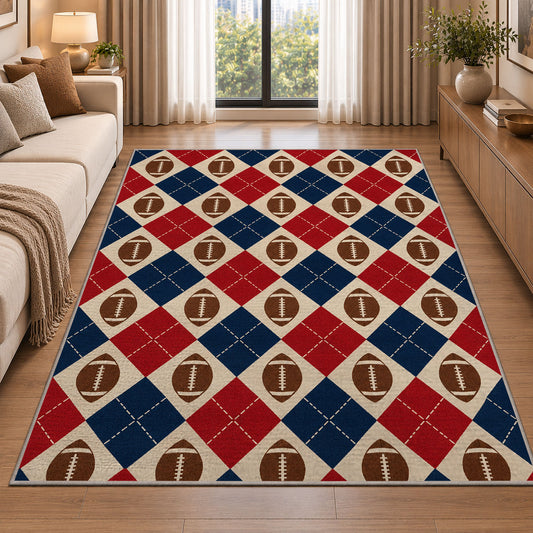 Football Argyle rug in a bright living room with a sofa