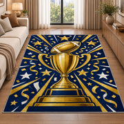 Football Championship Trophy rug in a bright living room with a sofa