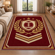 Varsity Football Emblem rug in a bright living room with a sofa