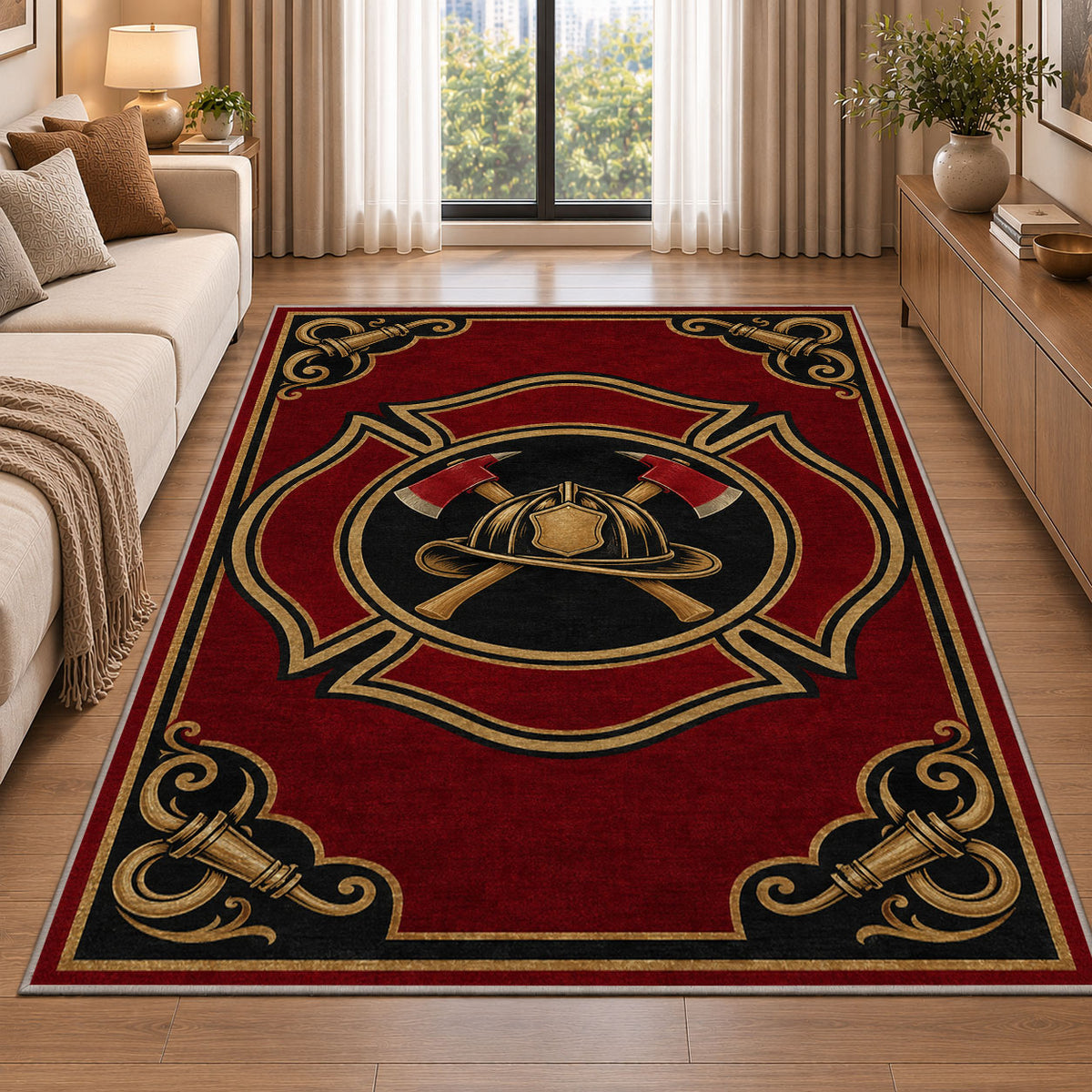 Vintage Firefighter Badge rug in a bright living room with a sofa