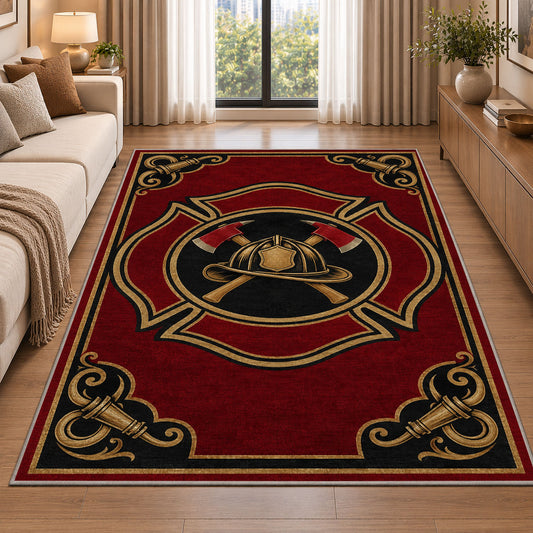 Vintage Firefighter Badge rug in a bright living room with a sofa