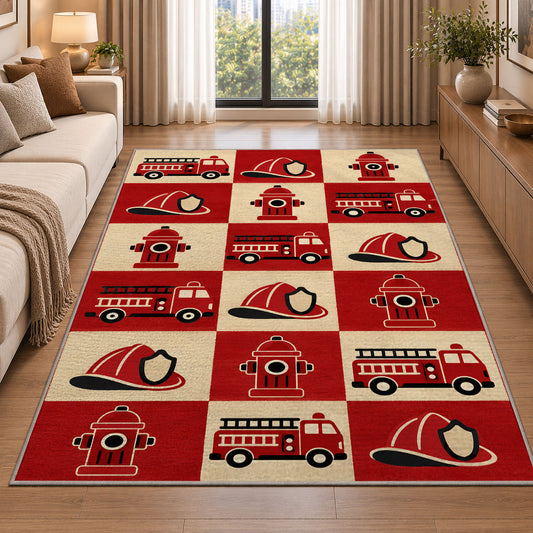 Retro Checkered Fire Truck rug in a bright living room with a sofa