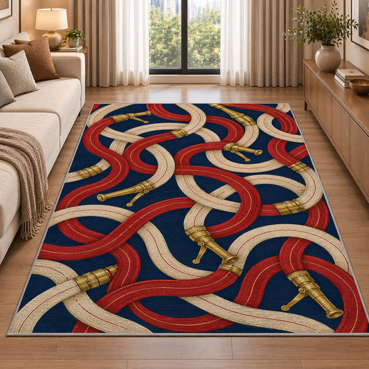 Fire Hose Pattern rug in a bright living room with a sofa