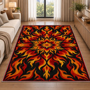 Flame Mandala rug in a bright living room with a sofa