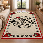Sleeping Dalmatian rug in a bright living room with a sofa
