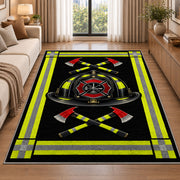 Reflective Stripe Fire Helmet rug in a bright living room with a sofa