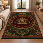 Vintage Fire Helmet Medallion rug in a bright living room with a sofa