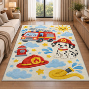 Cute Fire Truck and Dalmatian rug in a bright living room with a sofa