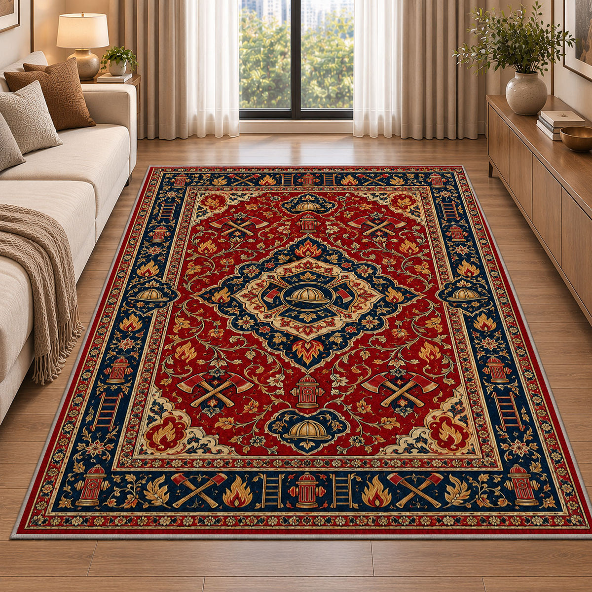 Persian Style Firefighter rug in a bright living room with a sofa