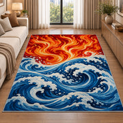 Fire and Water Waves rug in a bright living room with a sofa