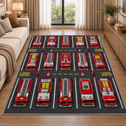 Fire Truck Parking Lot rug in a bright living room with a sofa