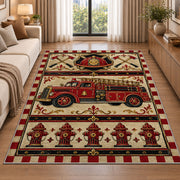 Vintage Fire Truck rug in a bright living room with a sofa
