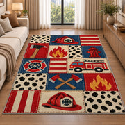 Firefighter Patchwork rug in a bright living room with a sofa