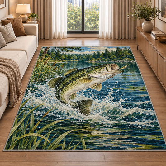 Leaping bass lake rug in a bright living room with a sofa
