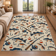 Fishing gear pattern rug in a bright living room with a sofa