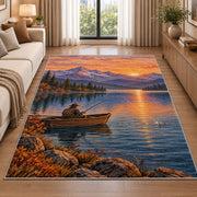 Sunrise fishing boat rug in a bright living room with a sofa