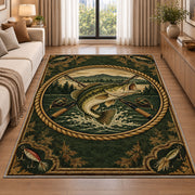 Vintage bass badge rug in a bright living room with a sofa