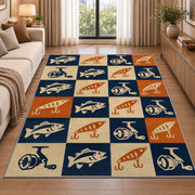 Retro fishing checkered rug in a bright living room with a sofa