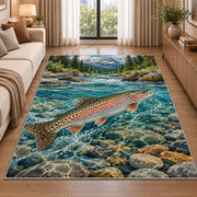 Rainbow trout stream rug in a bright living room with a sofa
